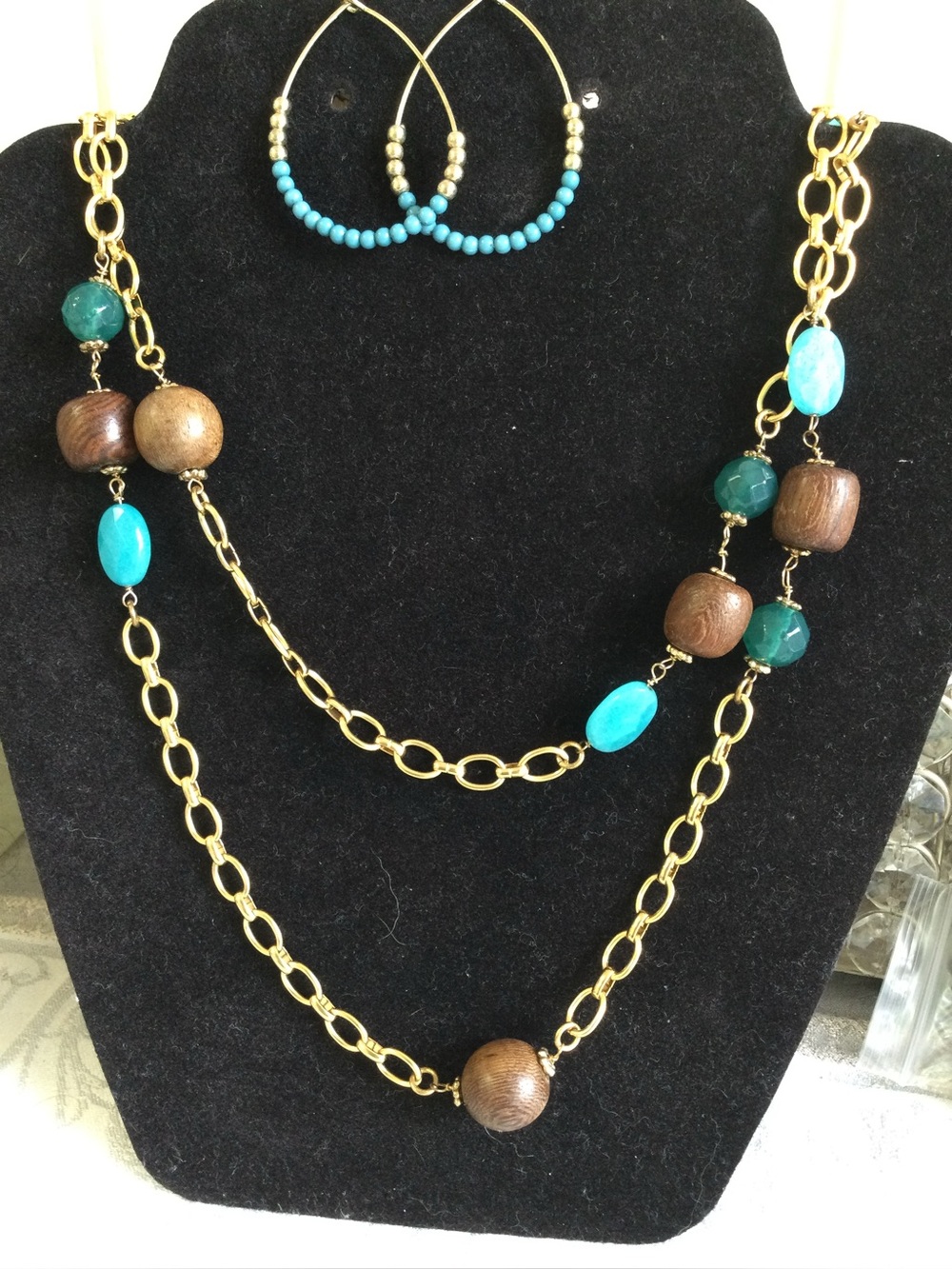 Gold Chain Necklace and Hoop Earrings Set with Turquoise and Wood Beads